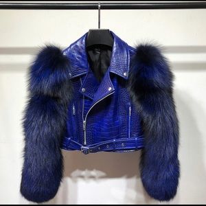 Fox Fur Sleeve Crocodile Pattern Genuine Leather